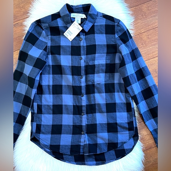NWT H & M  L.O.G.G. Blue & Black Checked Cotton Long Sleeve Plaid Shirt-Size 2 - Picture 1 of 9